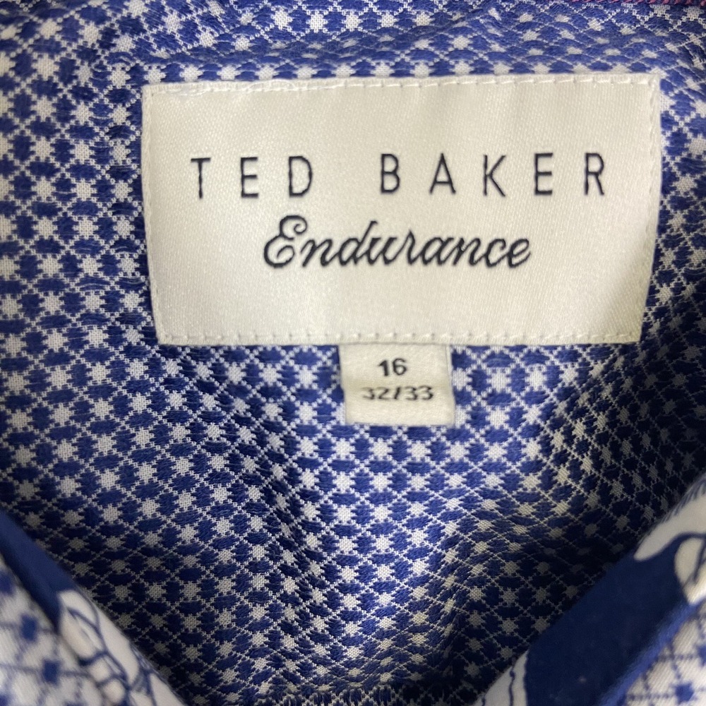 Ted Baker Endurance Mens Blue White Micro Print Floral Trim Dress Shirt 16 32/33 - Picture 6 of 8